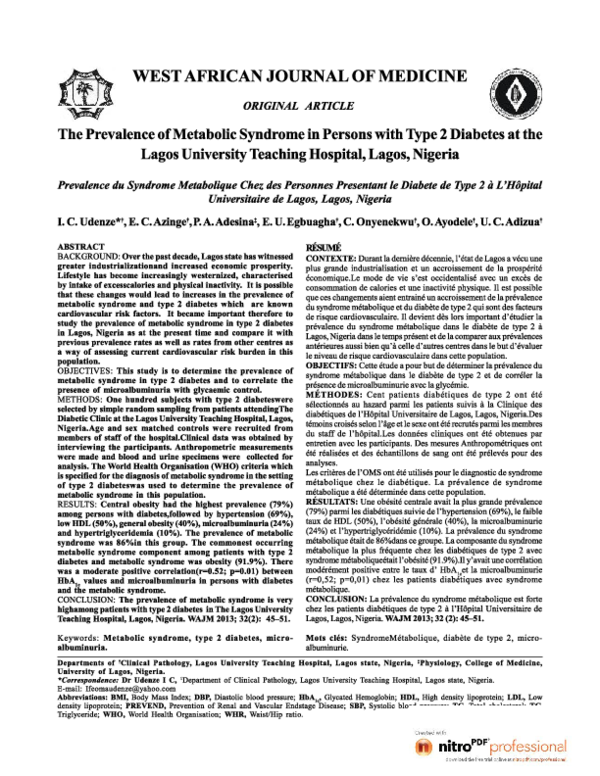 (PDF) The prevalence of metabolic syndrome in persons with type 2 ...