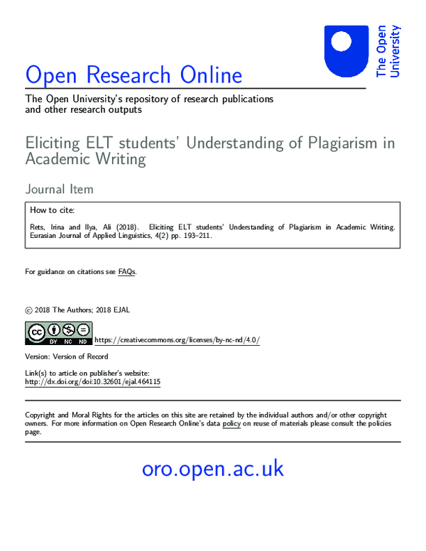 (PDF) Eliciting ELT Students’ Understanding of Plagiarism in Academic ...