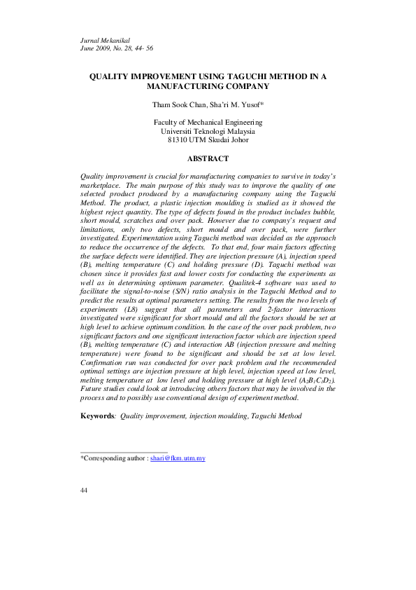 (PDF) Quality Improvement Using Taguchi Method in a Manufacturing Company