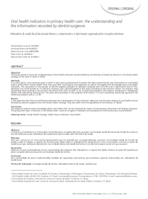 (PDF) Oral health indicators in primary health care: the understanding ...