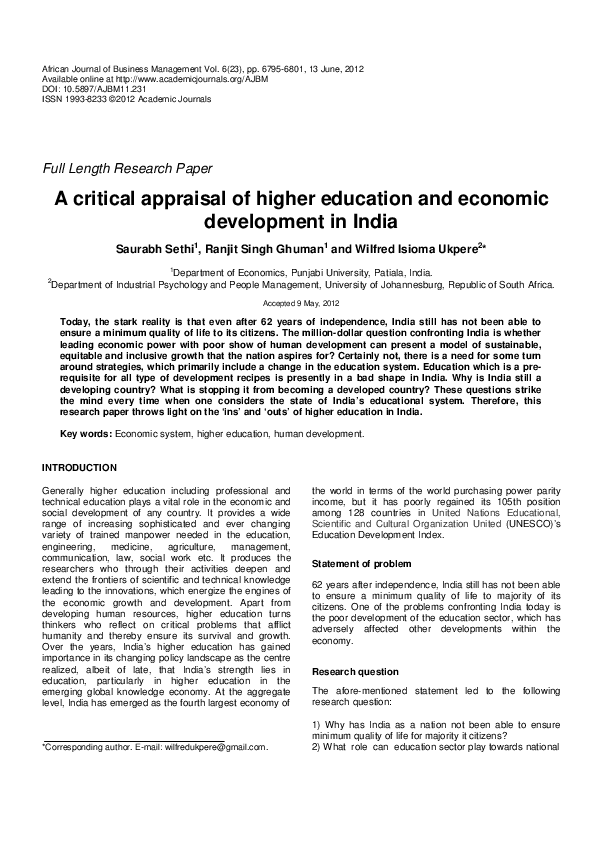 (PDF) A critical appraisal of higher education and economic development ...