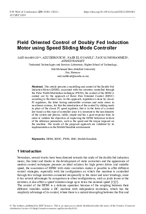 (PDF) Field Oriented Control of Doubly Fed Induction Motor using Speed ...