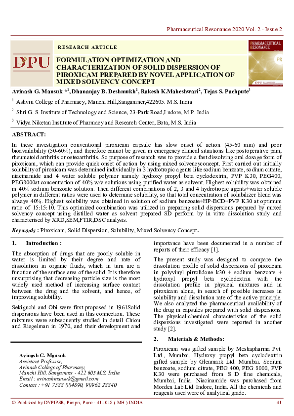 (PDF) Formulation Optimization and Characterization of Solid Dispersion ...