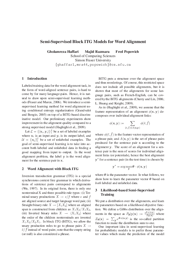 (PDF) Semi-Supervised Block ITG Models for Word Alignment