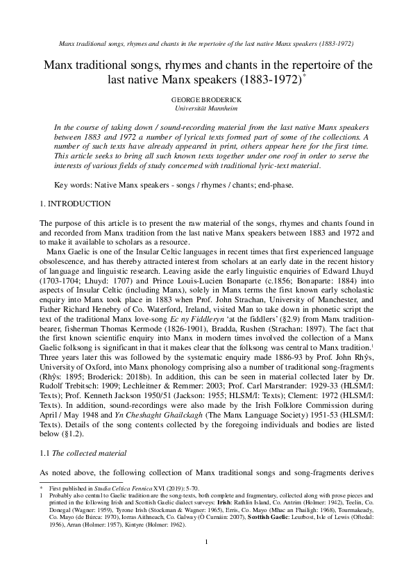 (PDF) Manx traditional songs, rhymes and chants in the repertoire of ...