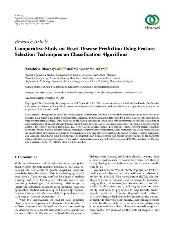(PDF) Comparative Study on Heart Disease Prediction Using Feature ...