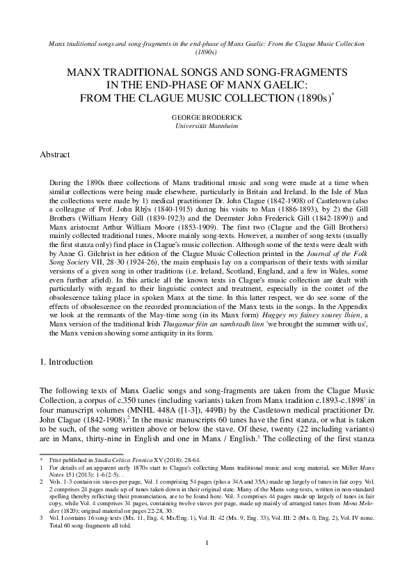 (PDF) Manx Traditional Songs and Song-Fragments in the End-Phase of ...