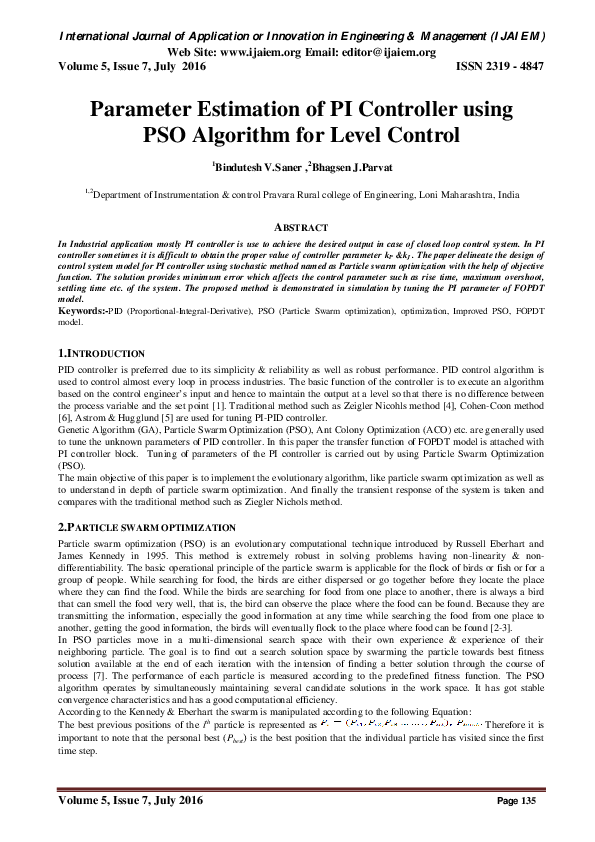 (PDF) Parameter Estimation of PI Controller using PSO Algorithm for ...