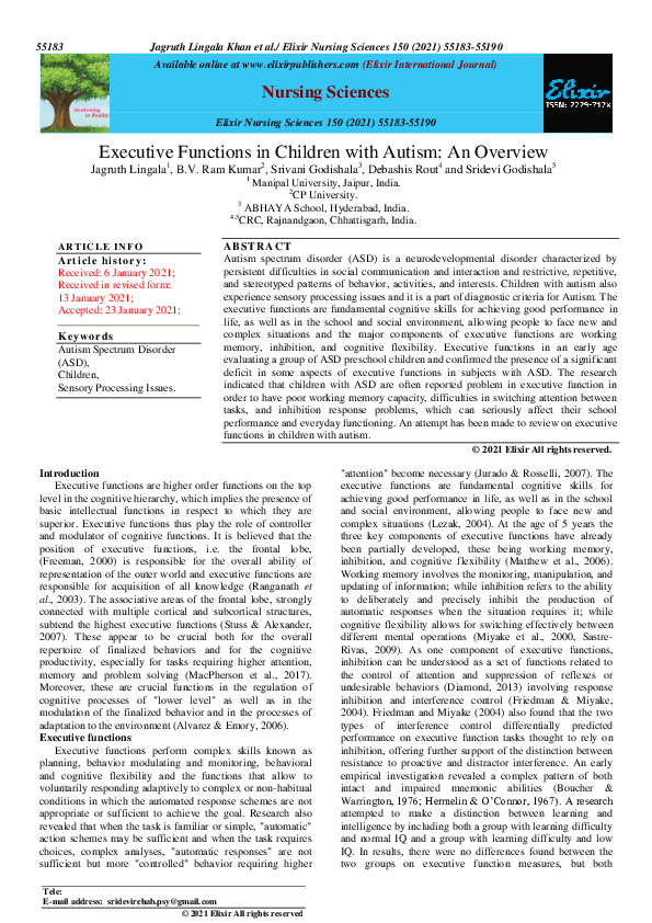 (PDF) Executive Functions in Children with Autism : An Overview