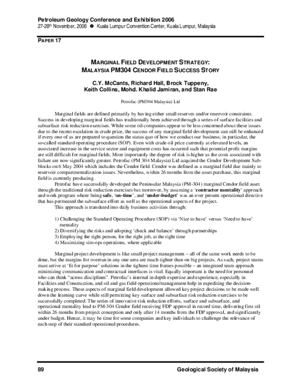 (PDF) Marginal Field Development Strategy: Malaysia Pm304 Cendor Field ...