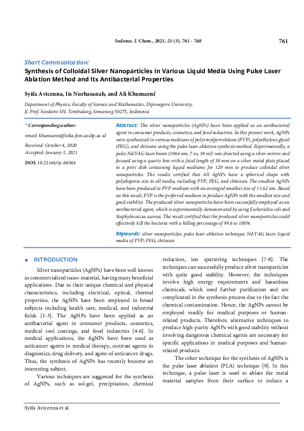 (PDF) Synthesis of Colloidal Silver Nanoparticles in Various Liquid ...