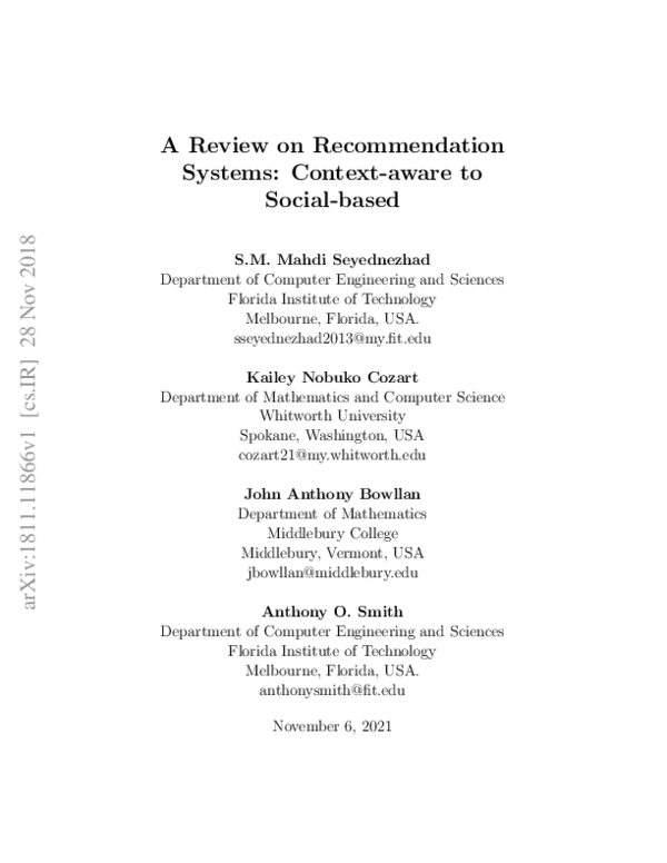 (PDF) A Review on Recommendation Systems: Context-aware to Social-based