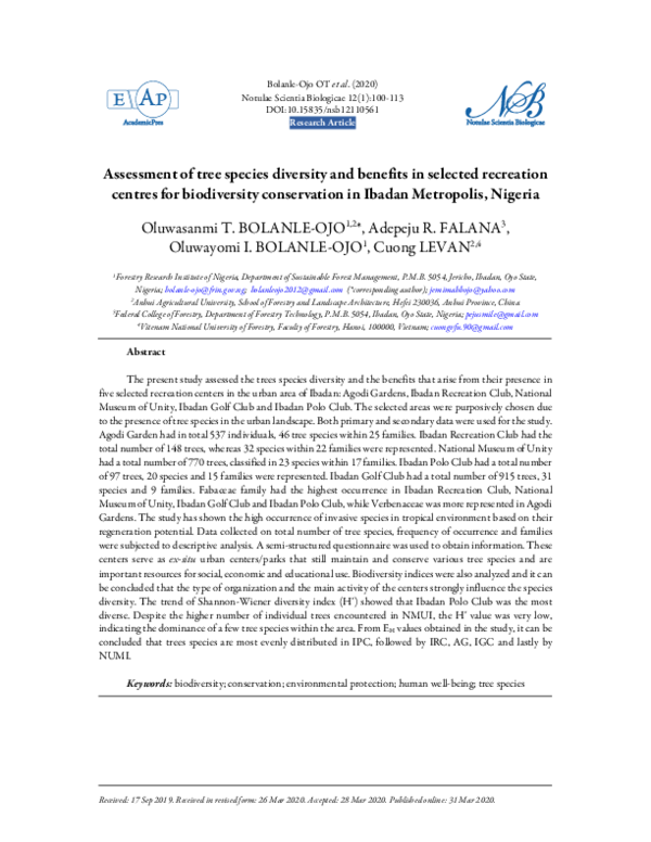 (PDF) Assessment of tree species diversity and benefits in selected ...