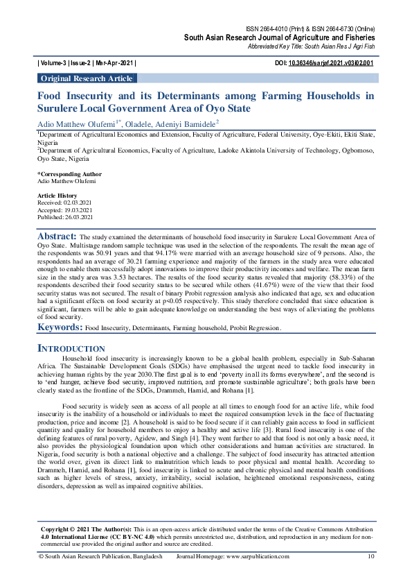 (PDF) Food Insecurity and its Determinants among Farming Households in ...