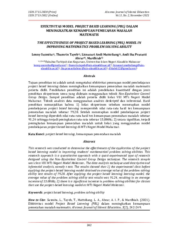 (PDF) Efektivitas Model Project Based Learning (PBL) Dalam Meningkatkan ...
