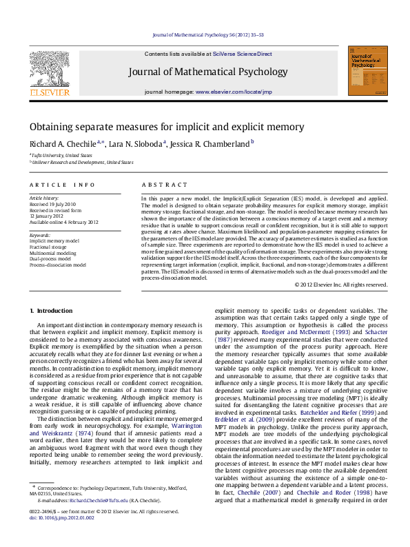(PDF) Obtaining separate measures for implicit and explicit memory