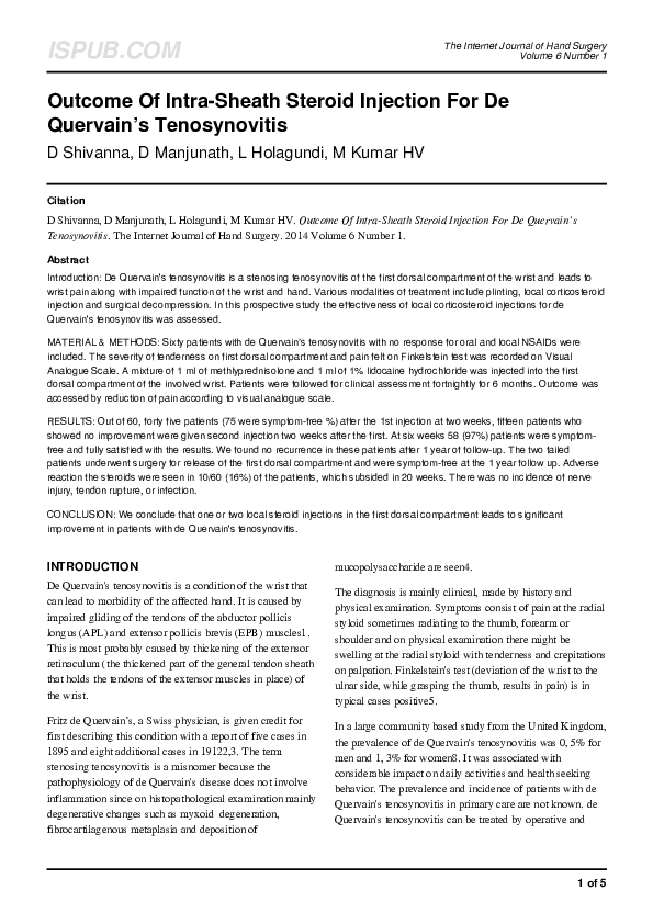 (PDF) Outcome Of Intra-Sheath Steroid Injection For De Quervain’s ...