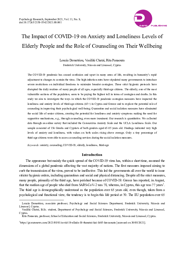 (PDF) The Impact of COVID-19 on Anxiety and Loneliness Levels of ...