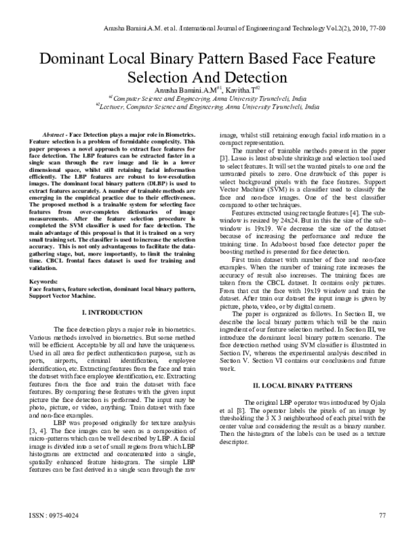 (PDF) Dominant Local Binary Pattern Based Face Feature Selection And ...