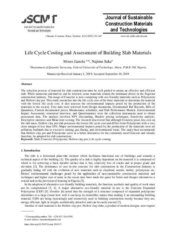(PDF) Life Cycle Costing and Assessment of Building Slab Materials