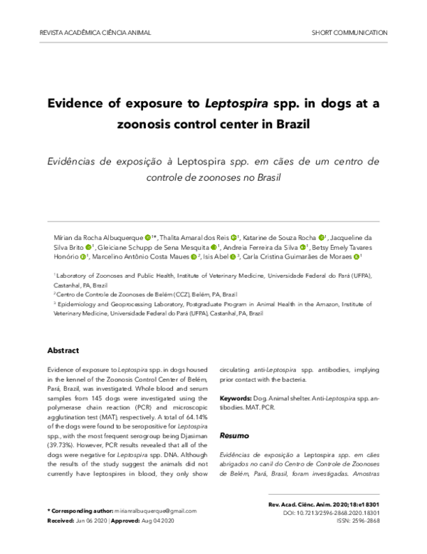 (PDF) Evidence of exposure to Leptospira spp. in dogs at a zoonosis