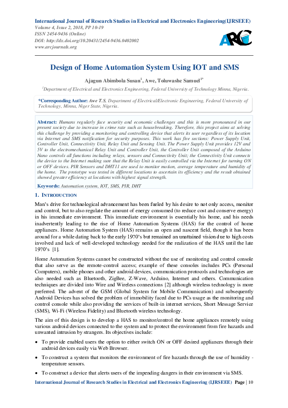 (PDF) Design of Home Automation System Using IOT and SMS