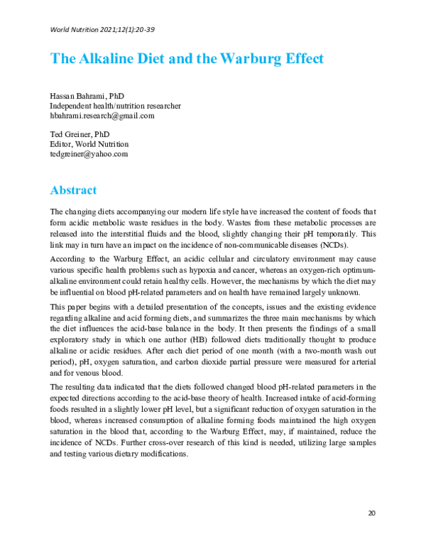 The Alkaline Diet and the Warburg Effect