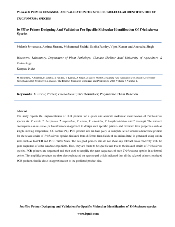 (PDF) In silico Primer Designing and Validation for Specific Molecular