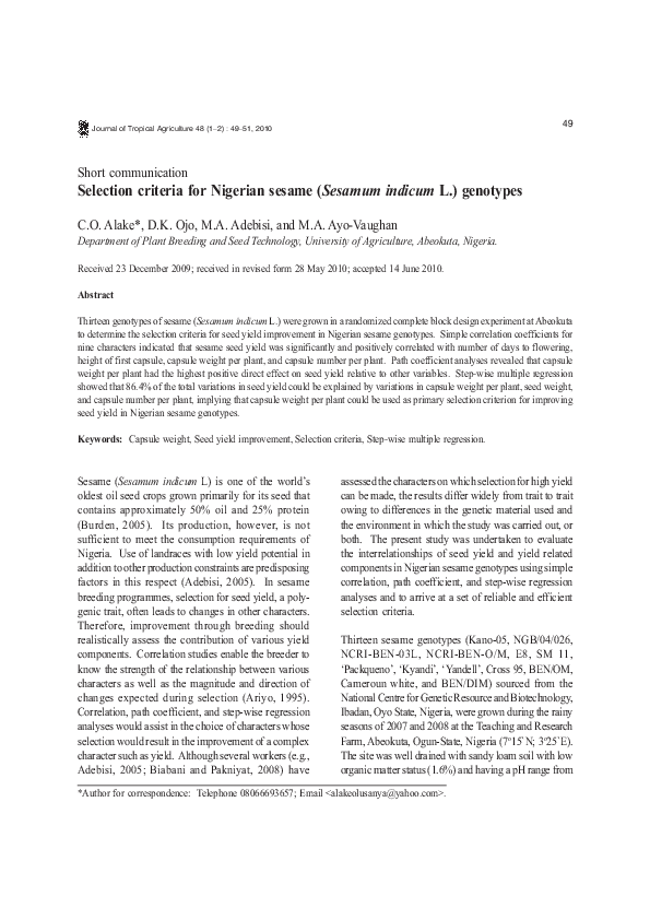 (PDF) Selection criteria for Nigerian sesame ( Sesamum indicum L ...