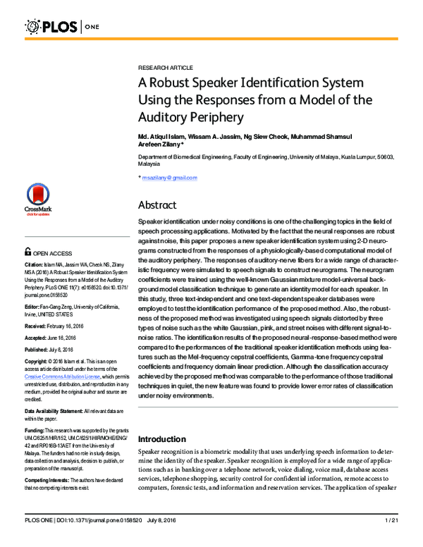 (PDF) A Robust Speaker Identification System Using the Responses from a ...