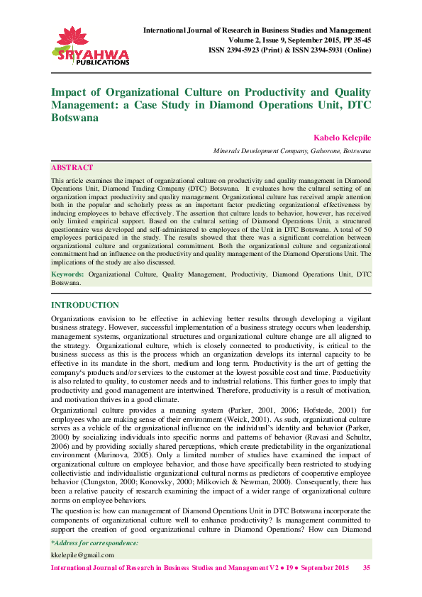 (PDF) Impact of Organizational Culture on Productivity and Quality ...