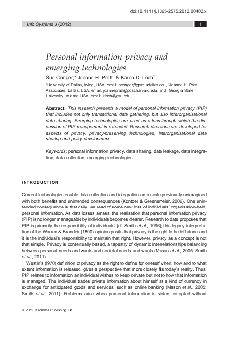 (PDF) Personal information privacy and emerging technologies