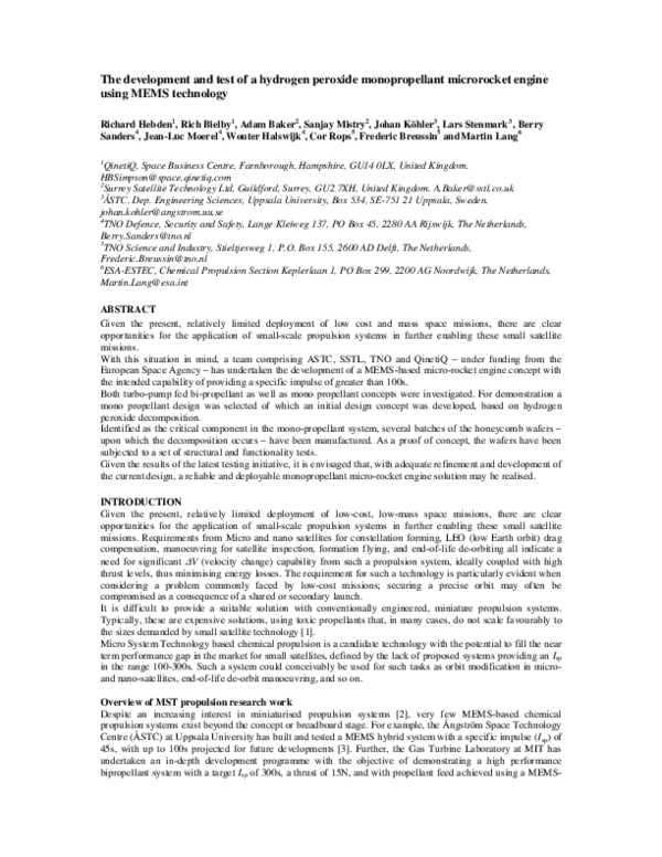 (PDF) The development and test of a hydrogen peroxide monopropellant ...