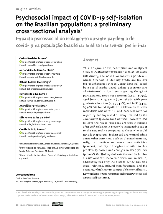 (PDF) Psychosocial impact of COVID-19 self-isolation on the Brazilian ...