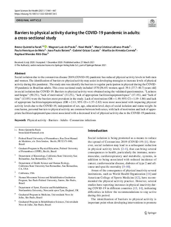 (PDF) Barriers to physical activity during the COVID-19 pandemic in ...