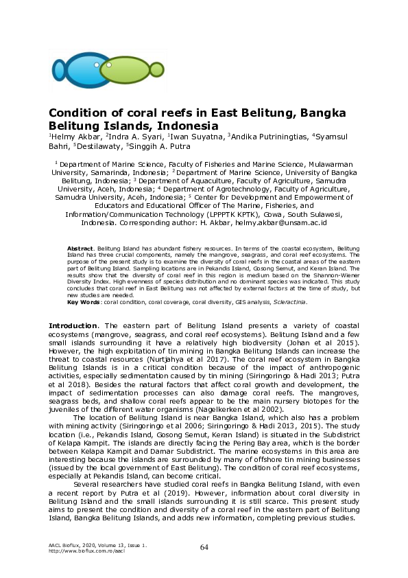 (PDF) Condition of coral reefs in east belitung, bangka belitung ...