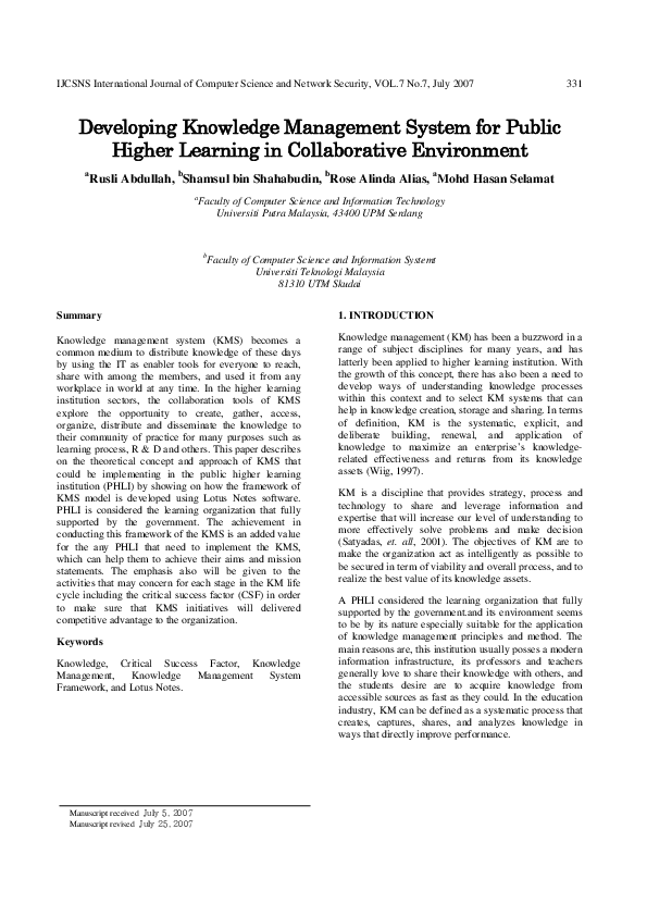 (PDF) Developing Knowledge Management System for Public Higher Learning ...