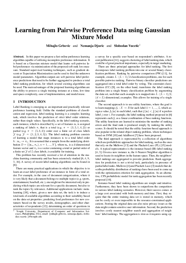(PDF) Learning from pairwise preference data using gaussian mixture model