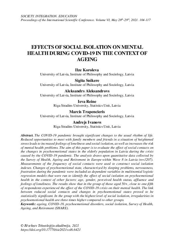 (PDF) Effects of Social Isolation on Mental Health During COVID-19 in ...