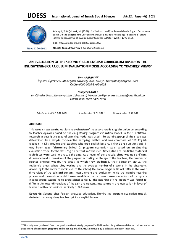 (PDF) AN EVALUATION OF THE SECOND GRADE ENGLISH CURRICULUM BASED ON THE ...