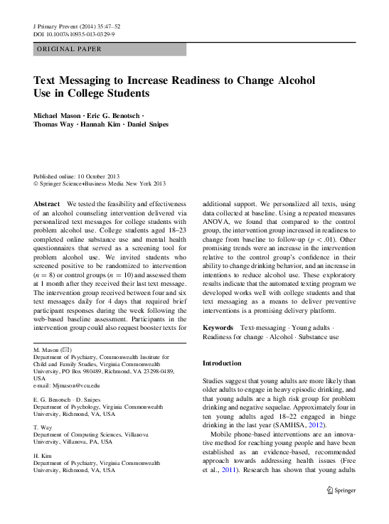 (PDF) Text Messaging to Increase Readiness to Change Alcohol Use in ...