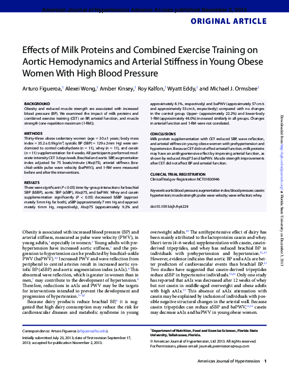 (PDF) Effects of Milk Proteins and Combined Exercise Training on Aortic ...