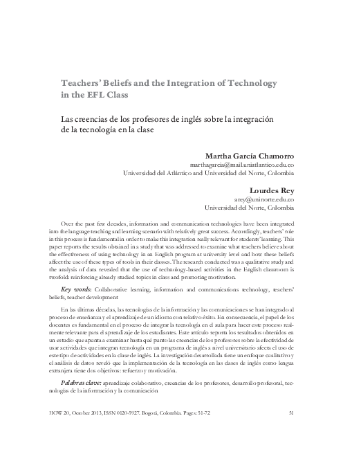 (PDF) Teachers’ Beliefs and the Integration of Technology in the EFL Class