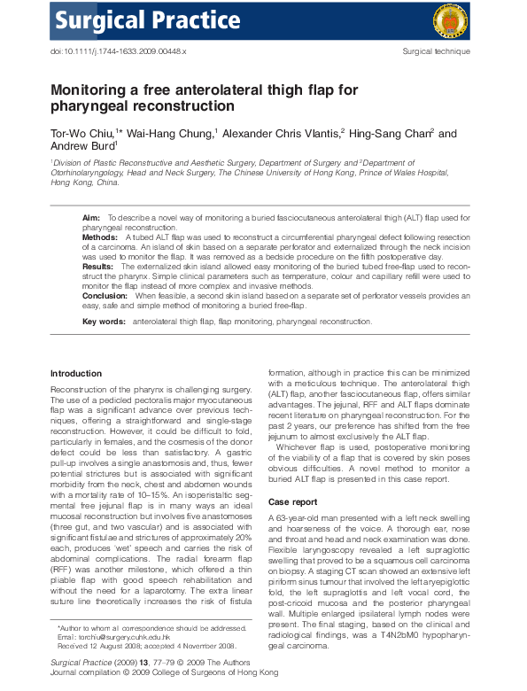 (PDF) Monitoring a free anterolateral thigh flap for pharyngeal ...