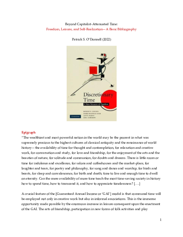 First page of “Beyond Capitalist-Attenuated Time: Freedom, Leisure, and Self-Realization — A Basic Bibliography”