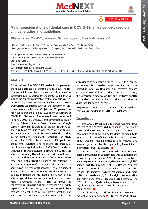 (PDF) Major considerations of dental care in COVID-19: an evidence ...