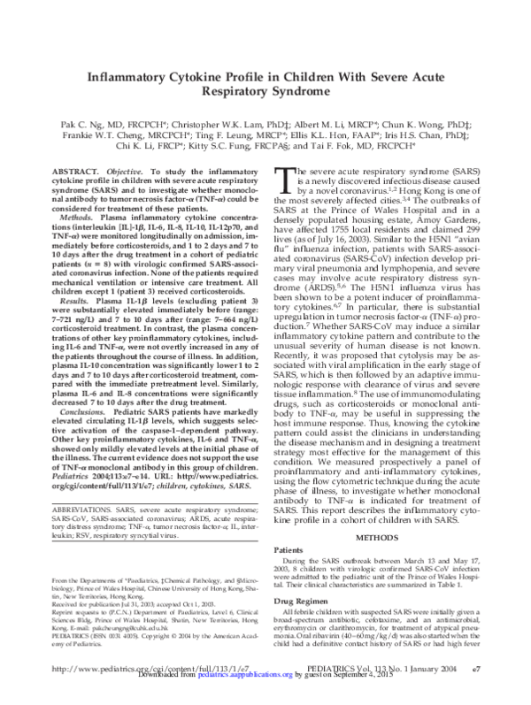 (PDF) Syndrome Inflammatory Cytokine Profile in Children With Severe ...