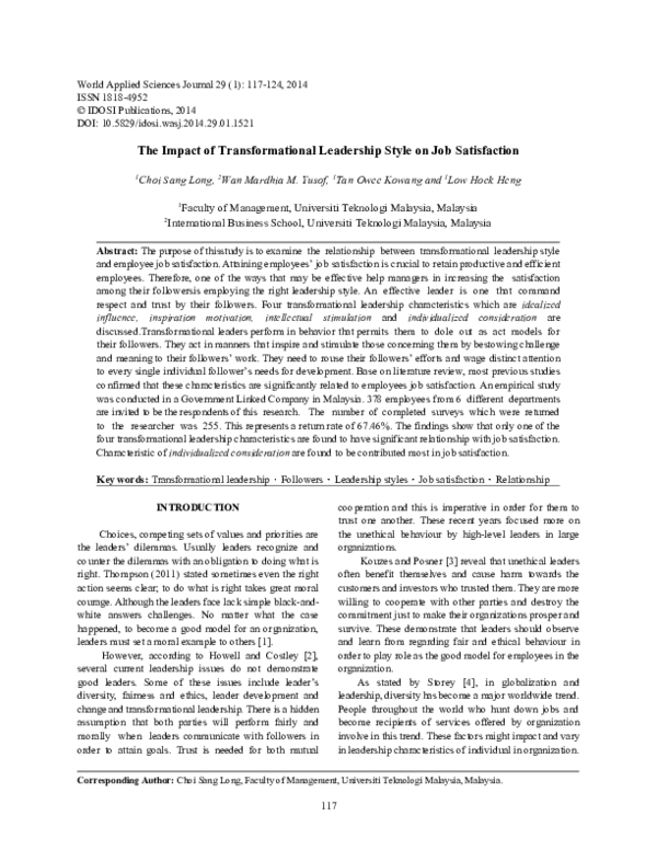 (PDF) The impact of transformational leadership style on job satisfaction