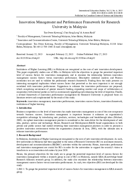 (PDF) Innovation Management and Performance Framework for Research