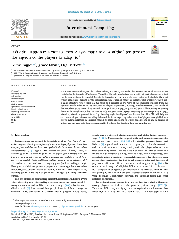 (PDF) Individualization in serious games: A systematic review of the ...